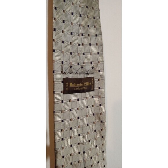 100% Silk Roberto Villini Men's Gold, Brown Small Geometric Pattern, Handmade - Picture 3 of 3